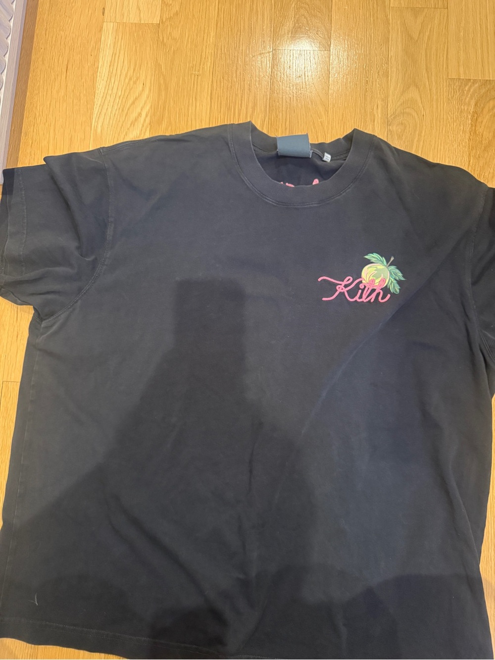 Kith and Kin - JUST US -Black Tee with Pink Script and Green Tropical Motif